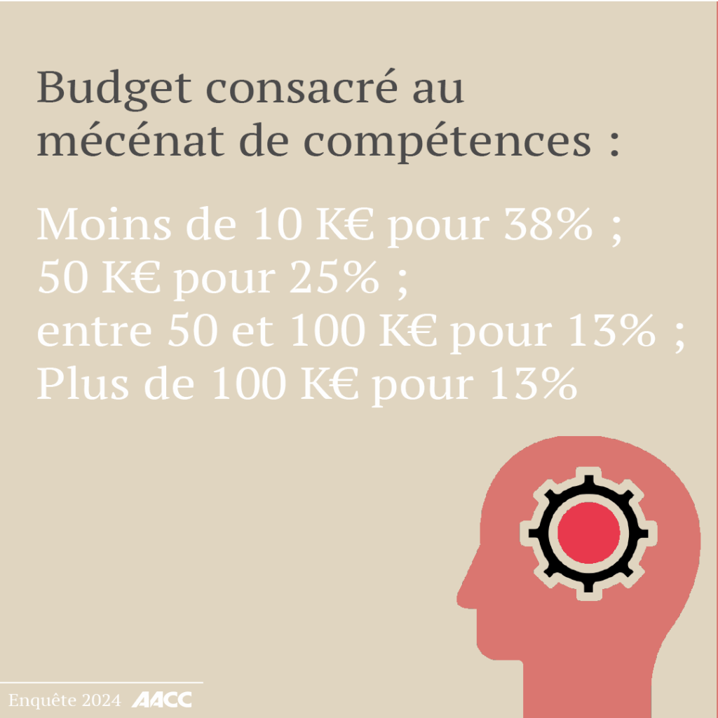 Pour 38% des agences répondantes, moins de 10K€ est consacré au mécénat de compétences, 50K pour 25%, entre 50 et 100K€ pour 13%, et plus de 100K€ pour 13%.
